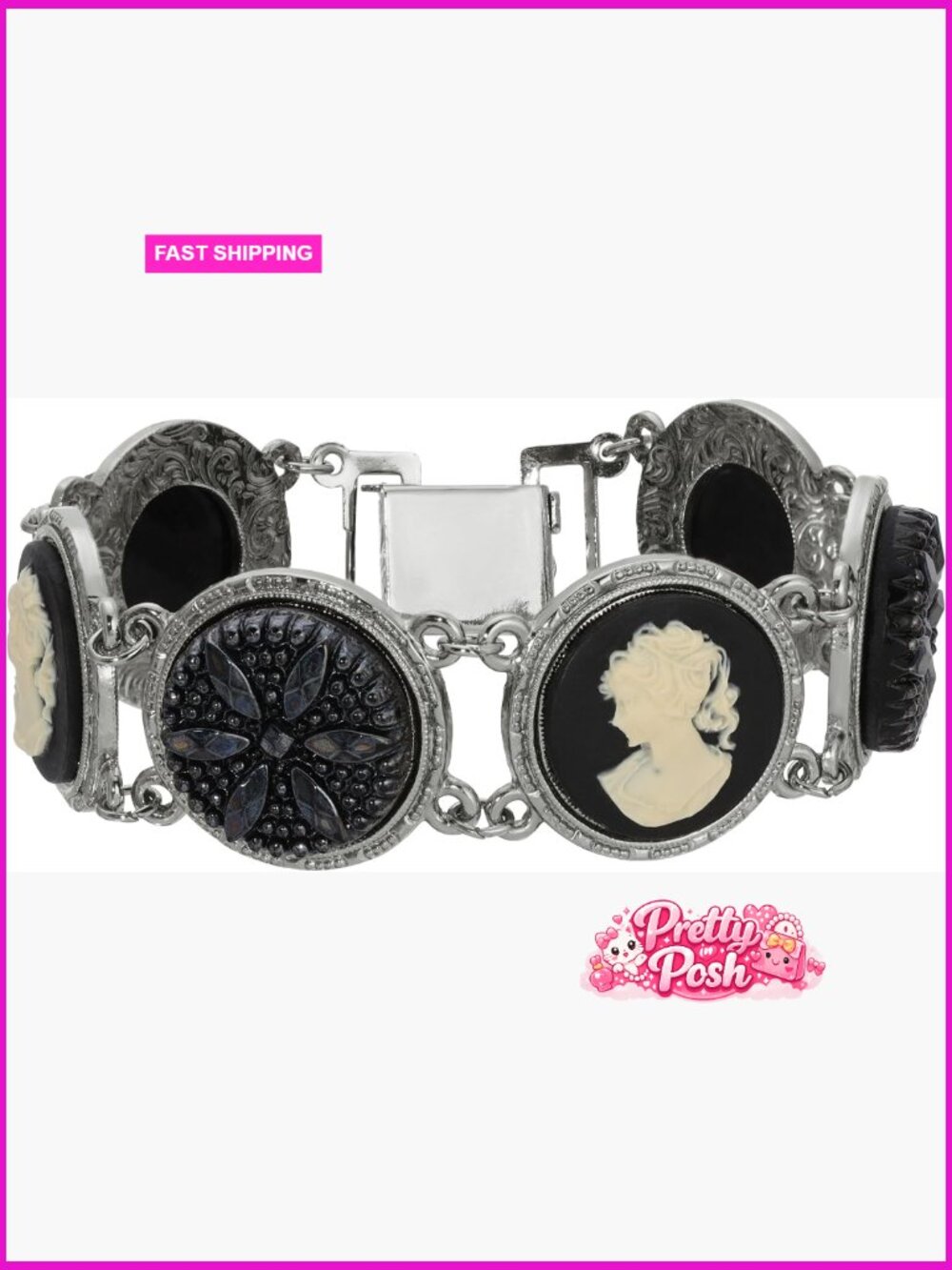 Vintage Round Link Bracelet with Cameo and Floral Glass Stone